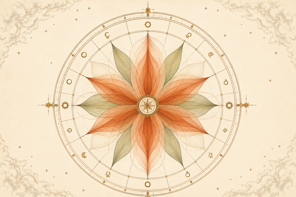 Flor de astrodinas sobre una carta natal en paleta terracota y salvia